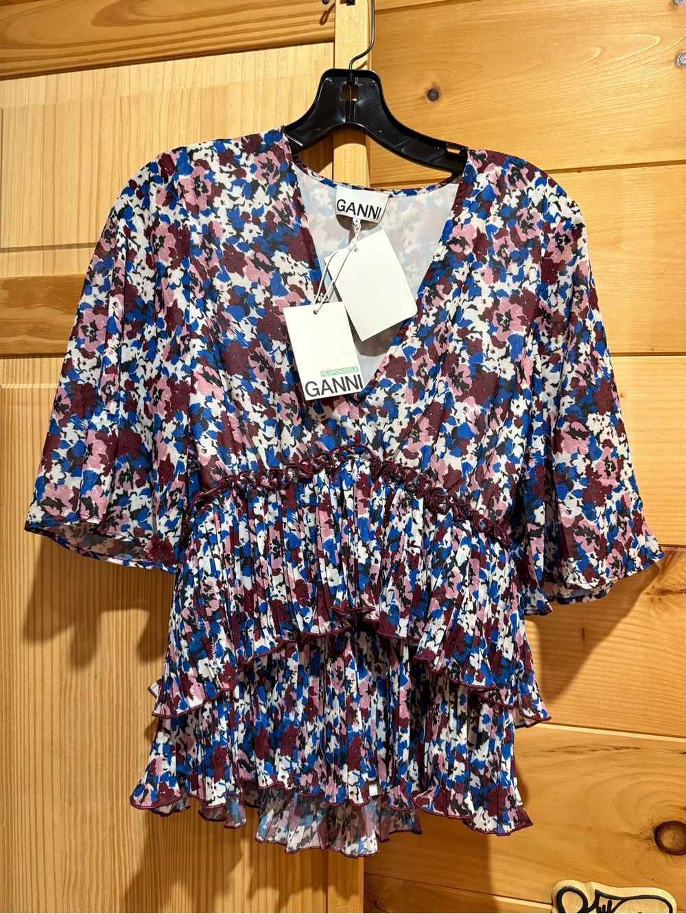 Ganni Blue Purple Floral Ruffle Peplum Blouse